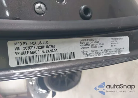 2022 Dodge Challenger Srt Hellcat Redeye Widebody z USA, uszkodzony, nr VIN 2C3CDZL92NH100298